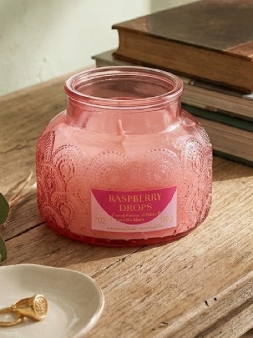 Raspberry Drops Scented Candle Pink Embossed Glass Jar Vanilla Citrus